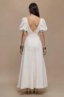 Load image into Gallery viewer, Ivory V-Neck Satin Puff Sleeves Long Formal Dress