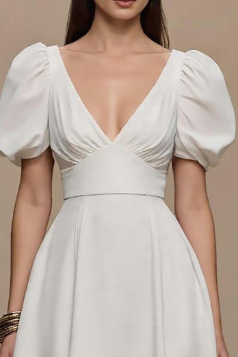 Ivory V-Neck Satin Puff Sleeves Long Formal Dress