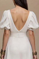 Load image into Gallery viewer, Ivory V-Neck Satin Puff Sleeves Long Formal Dress