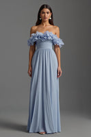 Load image into Gallery viewer, Sky Blue A Line Chiffon Ruched Long Formal Dress with Ruffles