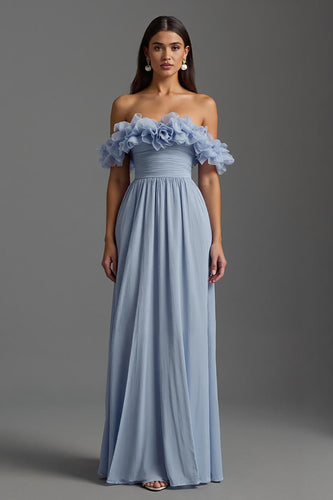 Sky Blue A Line Chiffon Ruched Long Formal Dress with Ruffles