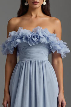 Sky Blue A Line Chiffon Ruched Long Formal Dress with Ruffles