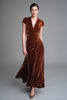 Load image into Gallery viewer, Caramel Velvet V Neck Ruched Long Holiday Party Dress with Sleeves