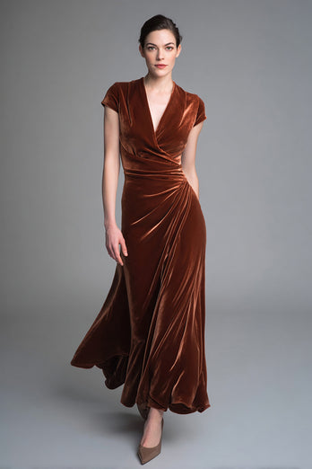 Caramel Velvet V Neck Ruched Long Holiday Party Dress with Sleeves