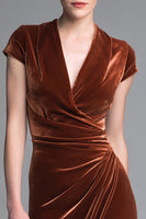 Load image into Gallery viewer, Caramel Velvet V Neck Ruched Long Holiday Party Dress with Sleeves