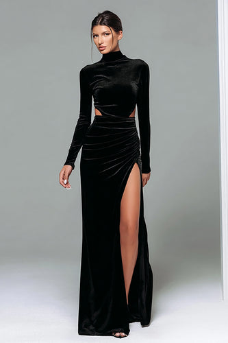 Black Velvet Sheath High Neck Cut Out Long Holiday Party Dress