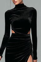 Load image into Gallery viewer, Plum Velvet High Neck Cut Out Long Sleeves Holiday Party Dress with Slit
