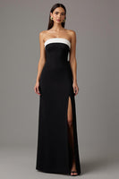 Load image into Gallery viewer, Black and White Sheath Strapless Long Formal Dress with Slit