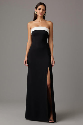 Black and White Sheath Strapless Long Formal Dress with Slit