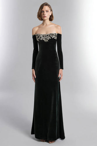 Black Velvet Long Sleeves Holiday Party Dress with Rhinestones