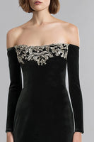 Load image into Gallery viewer, Black Velvet Long Sleeves Holiday Party Dress with Rhinestones