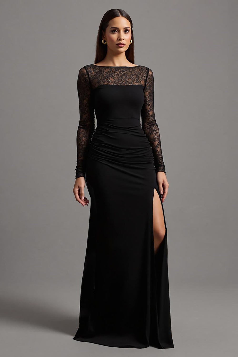 Black Sheath Illusion Neck Long Sleeves Formal Dress with Lace