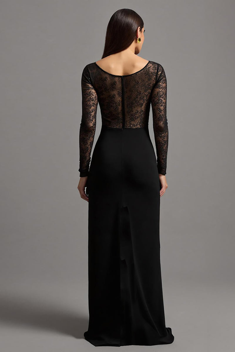 Load image into Gallery viewer, Black Sheath Illusion Neck Long Sleeves Formal Dress with Lace