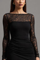 Load image into Gallery viewer, Black Sheath Illusion Neck Long Sleeves Formal Dress with Lace