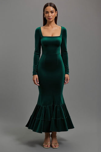 Dark Green Mermaid Velvet Long Sleeves Holiday Party Dress