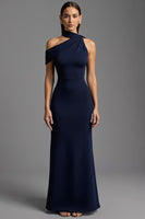 Load image into Gallery viewer, Navy Sheath Satin Asymmetrical Neck Long Formal Dress