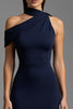 Load image into Gallery viewer, Navy Sheath Satin Asymmetrical Neck Long Formal Dress