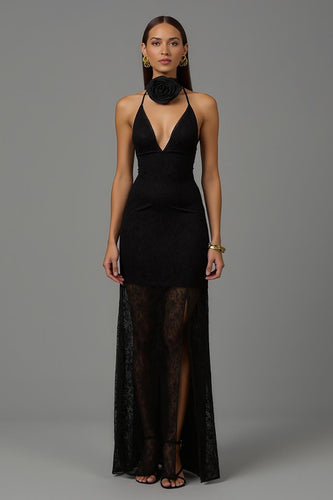 Black Sheath V Neck 3D Flowers Long Formal Dress with Lace