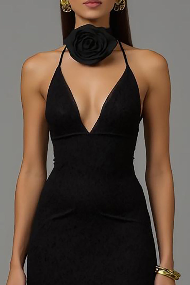 Load image into Gallery viewer, Black Sheath V Neck 3D Flowers Long Formal Dress with Lace