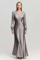 Load image into Gallery viewer, Grey Satin V Neck Ruched Long Formal Dress with Sleeves