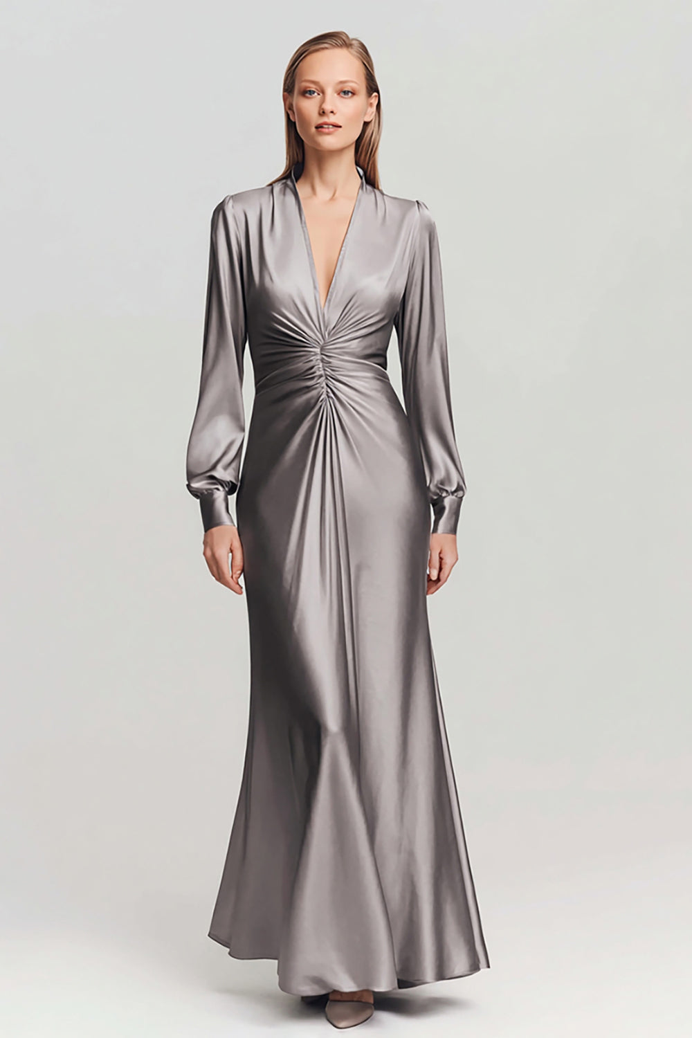 Grey Satin V Neck Ruched Long Formal Dress with Sleeves