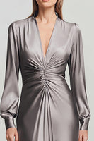 Load image into Gallery viewer, Grey Satin V Neck Ruched Long Formal Dress with Sleeves