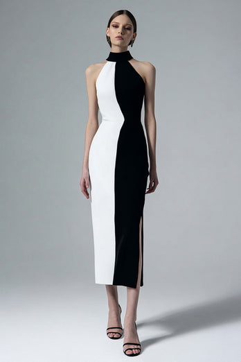 Black and White Sheath High Neck Long Formal Dress with Slit