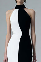 Load image into Gallery viewer, Black and White Sheath High Neck Long Formal Dress with Slit