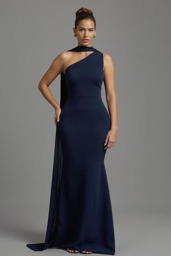 Navy Mermaid Satin Neck Scarf Long Formal Dress