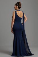 Load image into Gallery viewer, Navy Mermaid Satin Neck Scarf Long Formal Dress