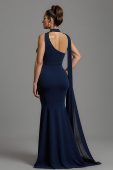 Navy Mermaid Satin Neck Scarf Long Formal Dress