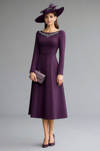Sparkly Dark Purple A Line Beaded Midi Mother of the Bride Dress