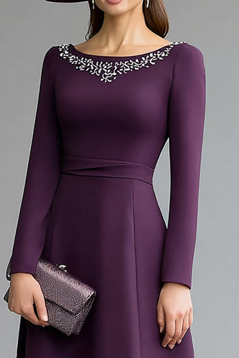 Sparkly Dark Purple A Line Beaded Midi Mother of the Bride Dress