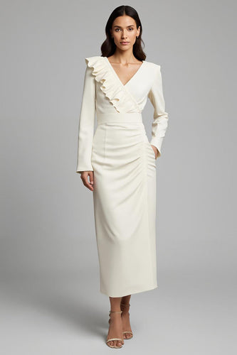 Ivory Ruched Pencil Long Sleeves Work Dress with Ruffles