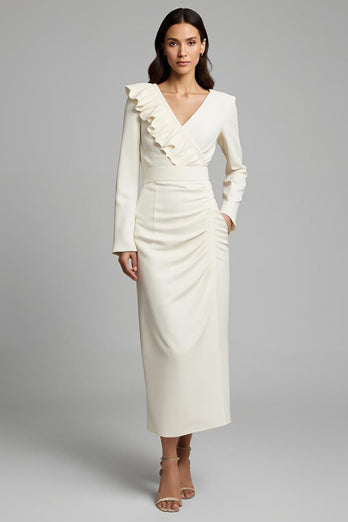 Ivory Ruched Pencil Long Sleeves Work Dress with Ruffles