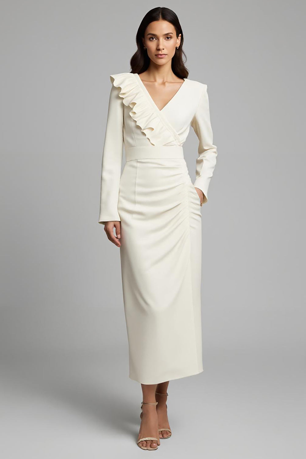 Ivory Ruched Pencil Long Sleeves Work Dress with Ruffles