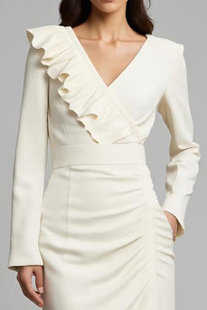 Ivory Ruched Pencil Long Sleeves Work Dress with Ruffles