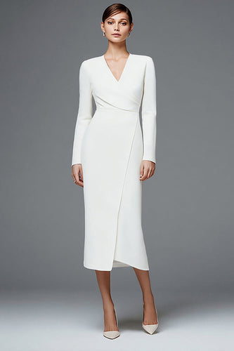 Simple Ivory Ruched V-Neck Pencil Long Sleeves Work Dress