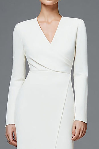 Simple Ivory Ruched V-Neck Pencil Long Sleeves Work Dress