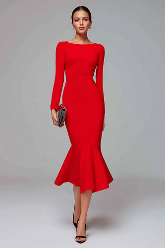 Red Mermaid Satin Long Sleeves Midi Work Dress