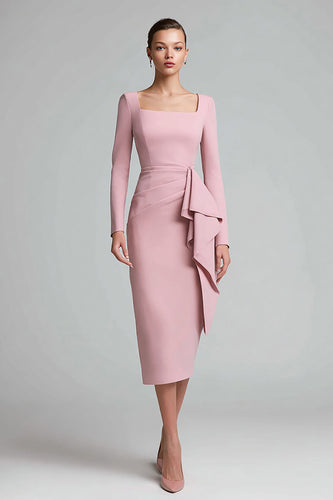 Pink Ruched Square Neck Pencil Midi Work Dress with Ruffles