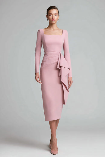 Pink Ruched Square Neck Pencil Midi Work Dress with Ruffles