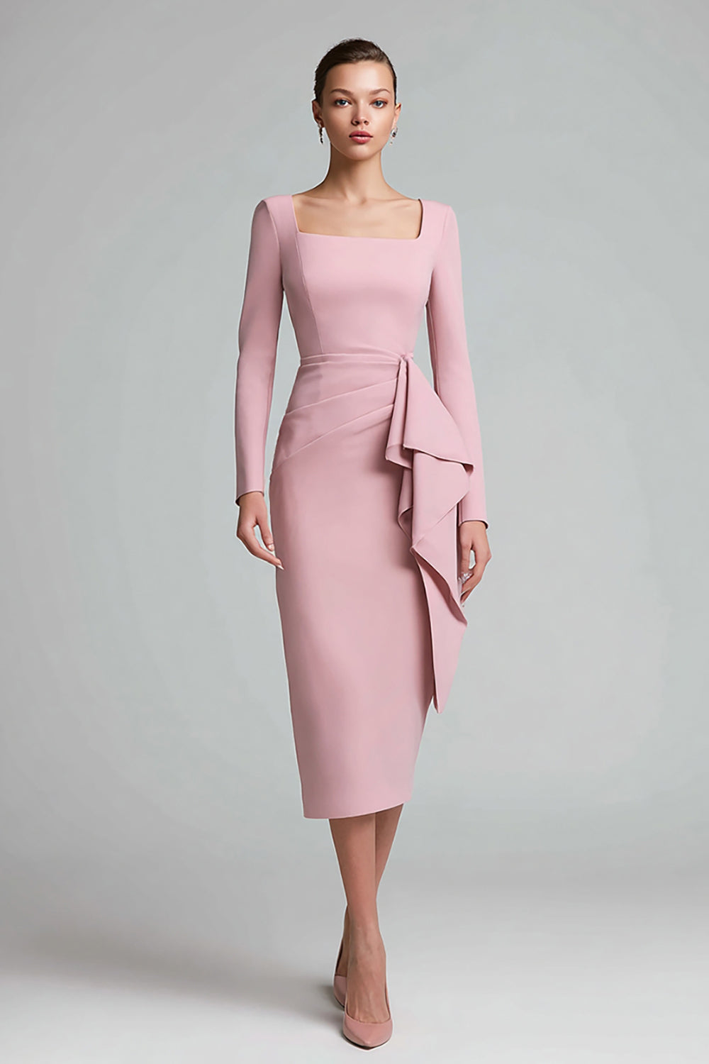 Pink Ruched Square Neck Pencil Midi Work Dress with Ruffles