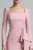 Load image into Gallery viewer, Pink Ruched Square Neck Pencil Midi Work Dress with Ruffles