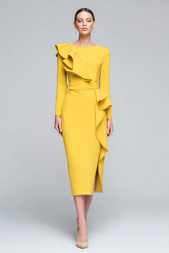 Yellow Pencil Ruffled Long Sleeves Midi Work Dress with Slit