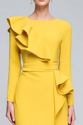 Yellow Pencil Ruffled Long Sleeves Midi Work Dress with Slit