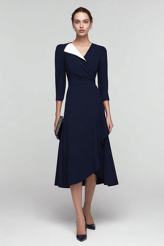 Black and White A Line Patchwork Ruched Midi Work Dress