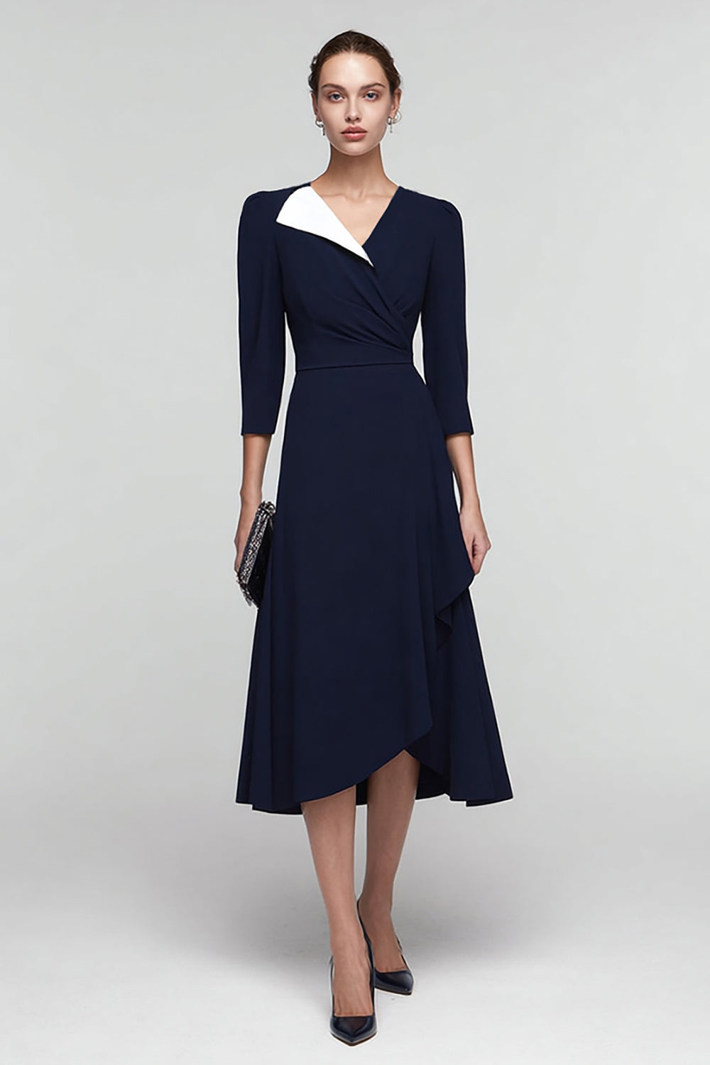 Black and White A Line Patchwork Ruched Midi Work Dress