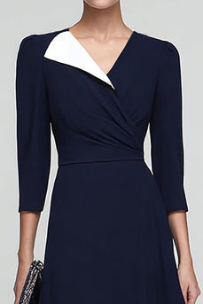 Black and White A Line Patchwork Ruched Midi Work Dress