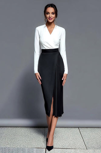 Black and White V-Neck Pleated Midi Work Dress with Slit